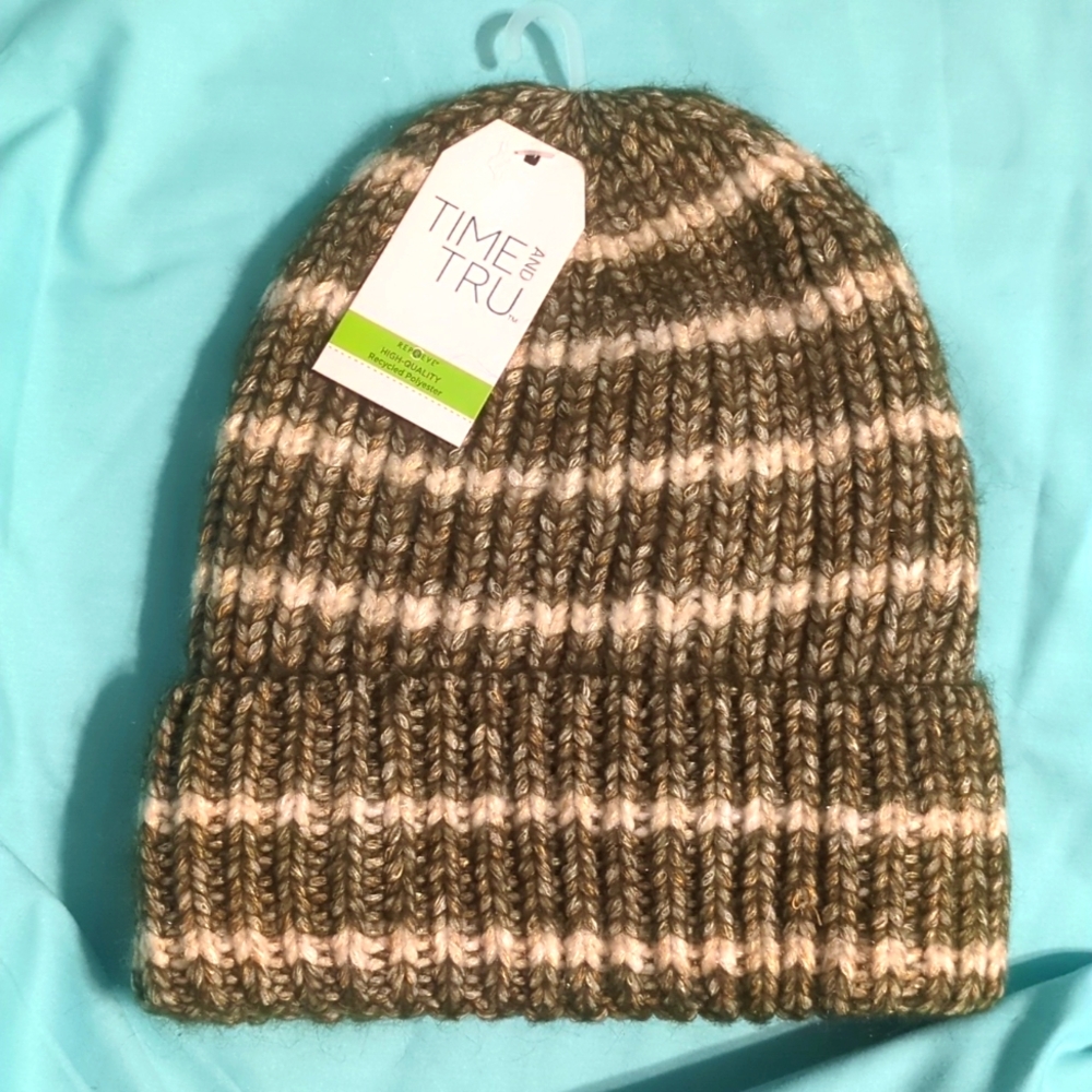 Time and Tru Olive dusk striped knit beanie